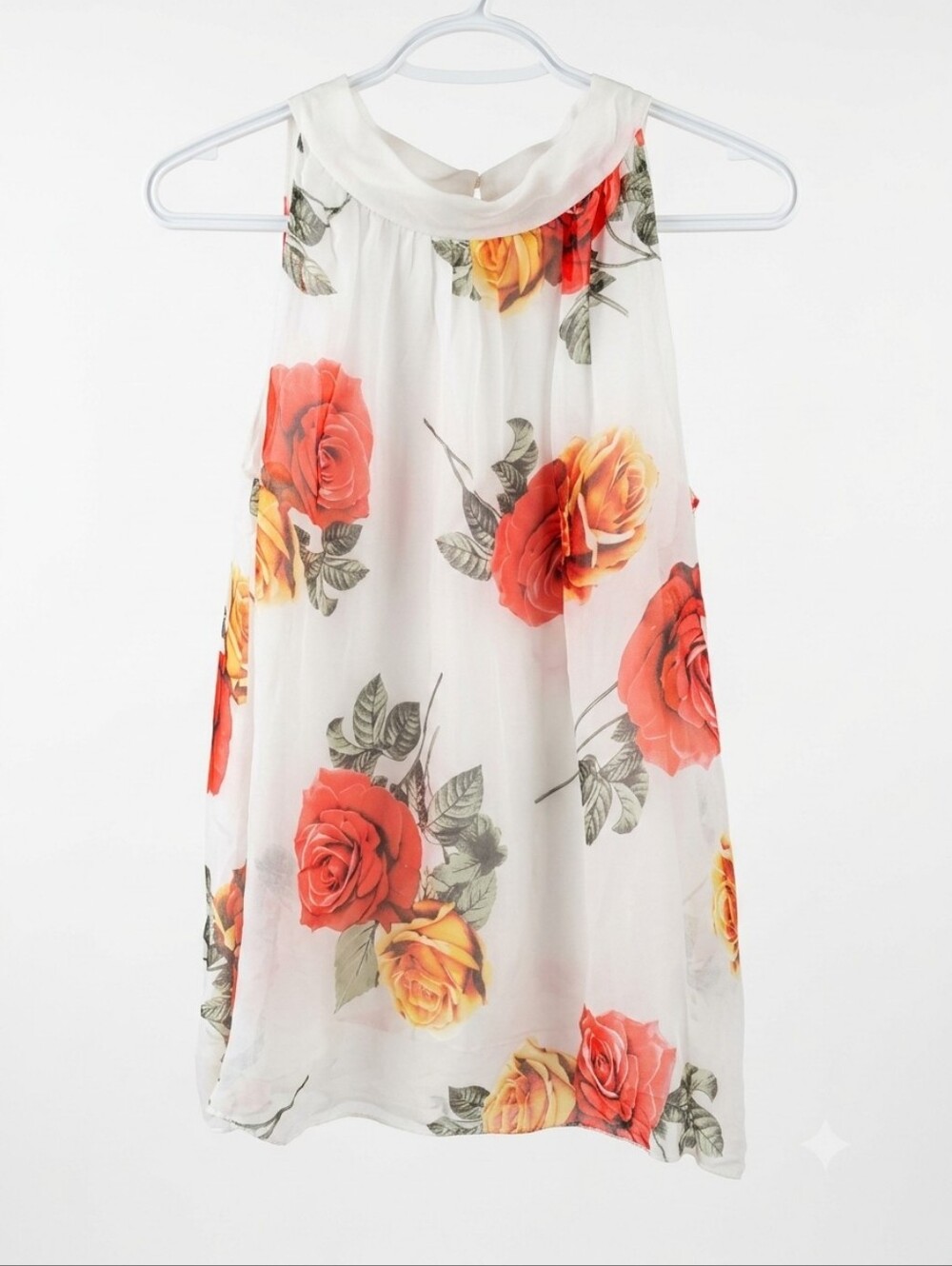 ​M Made in Italy Silk Blend Floral Rose High Neck Tie Back Sleeveless Top